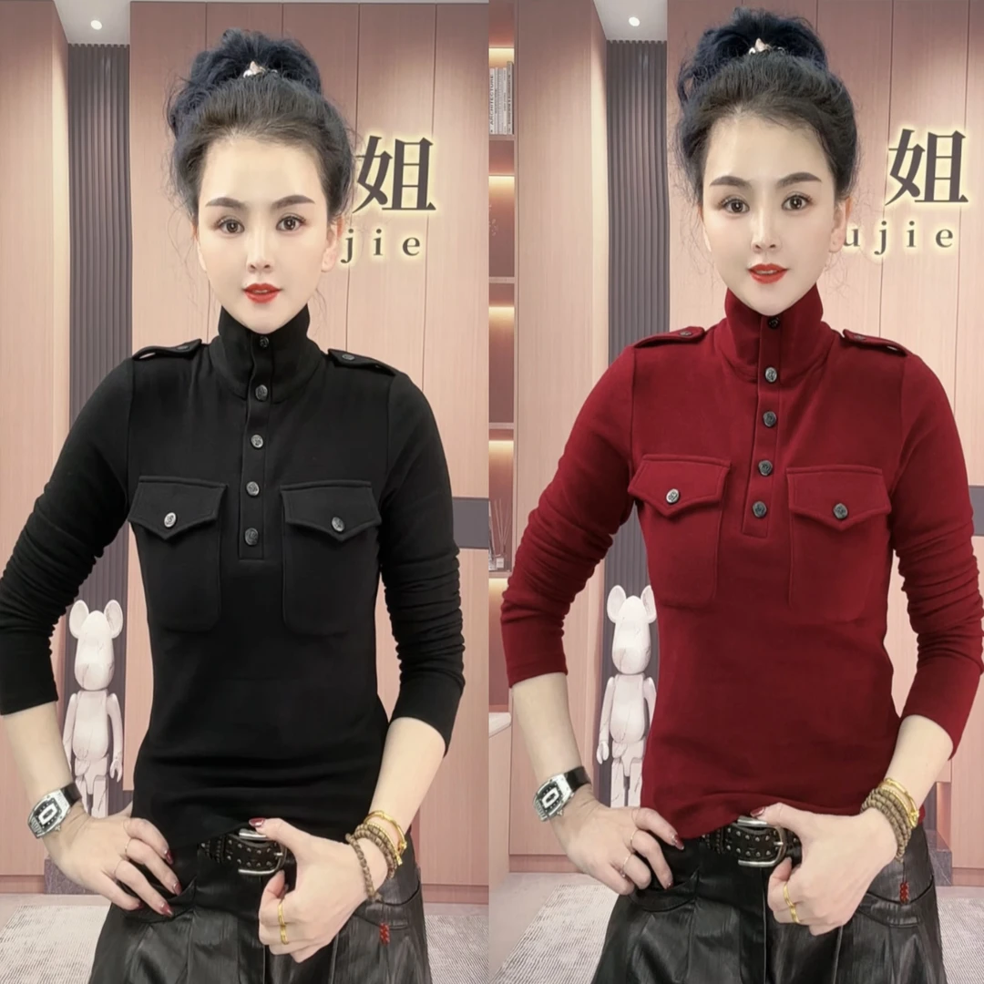 秋姐穿搭-#440新款时尚百搭特丽绒立领长袖T恤