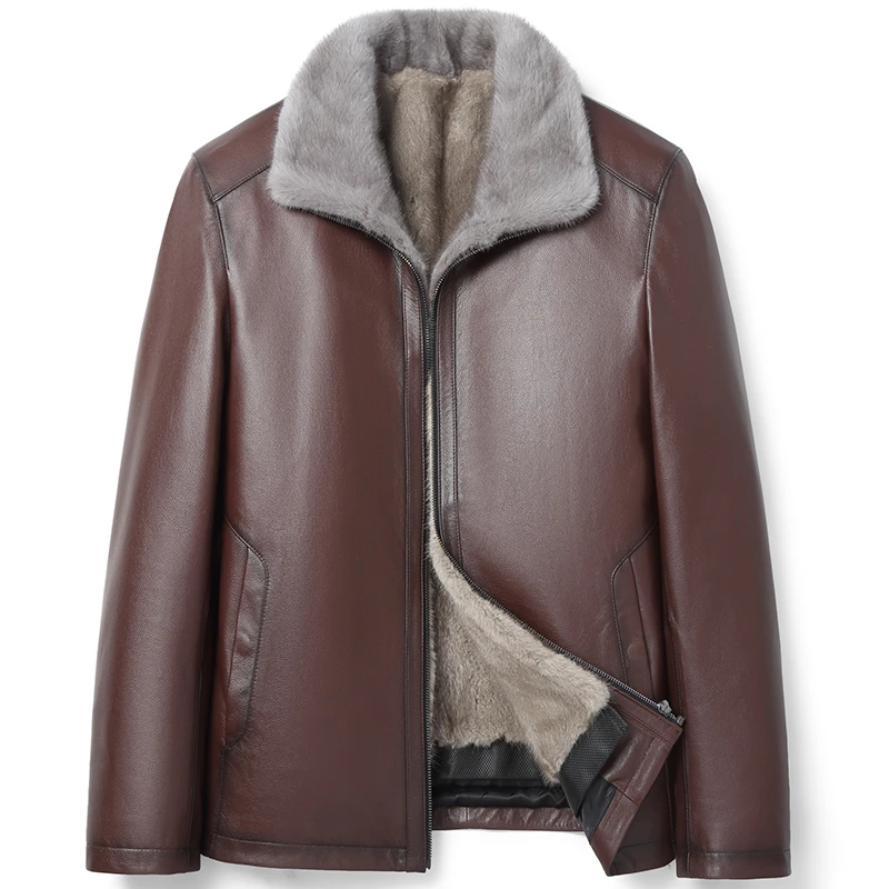 貂博士貂毛袖水貂整貂内胆皮毛一体男真皮皮衣牛皮夹克立翻领外套