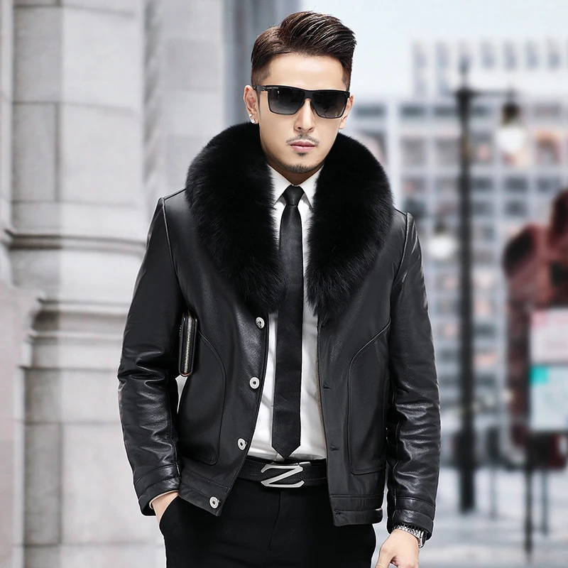 貂博士海宁皮毛一体男真皮衣头层小牛皮狐狸毛领羊毛内胆夹克外套