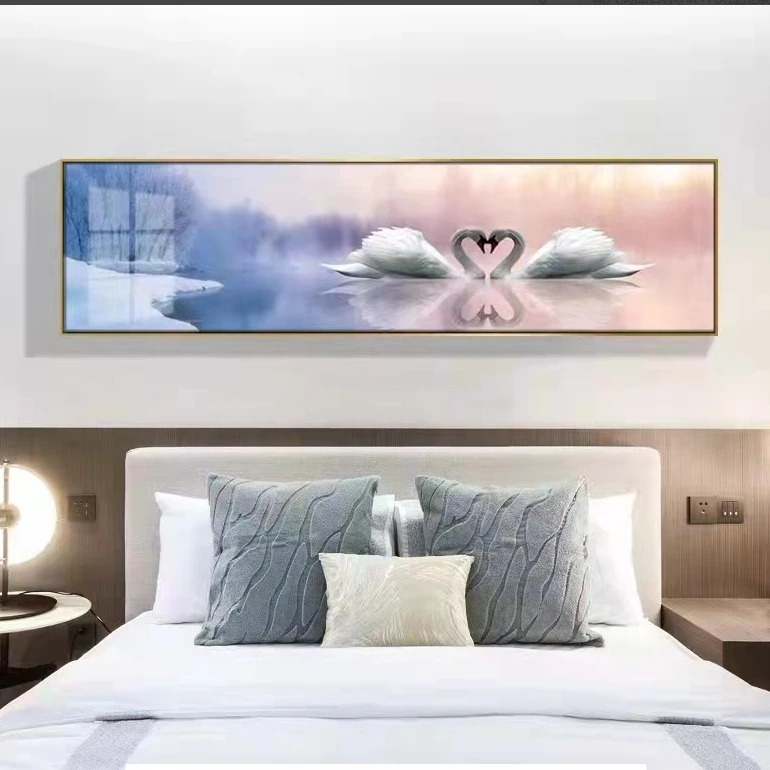 升级版-床头画-【粉色天鹅】晶瓷画镶钻画主卧床头画儿童房装饰画