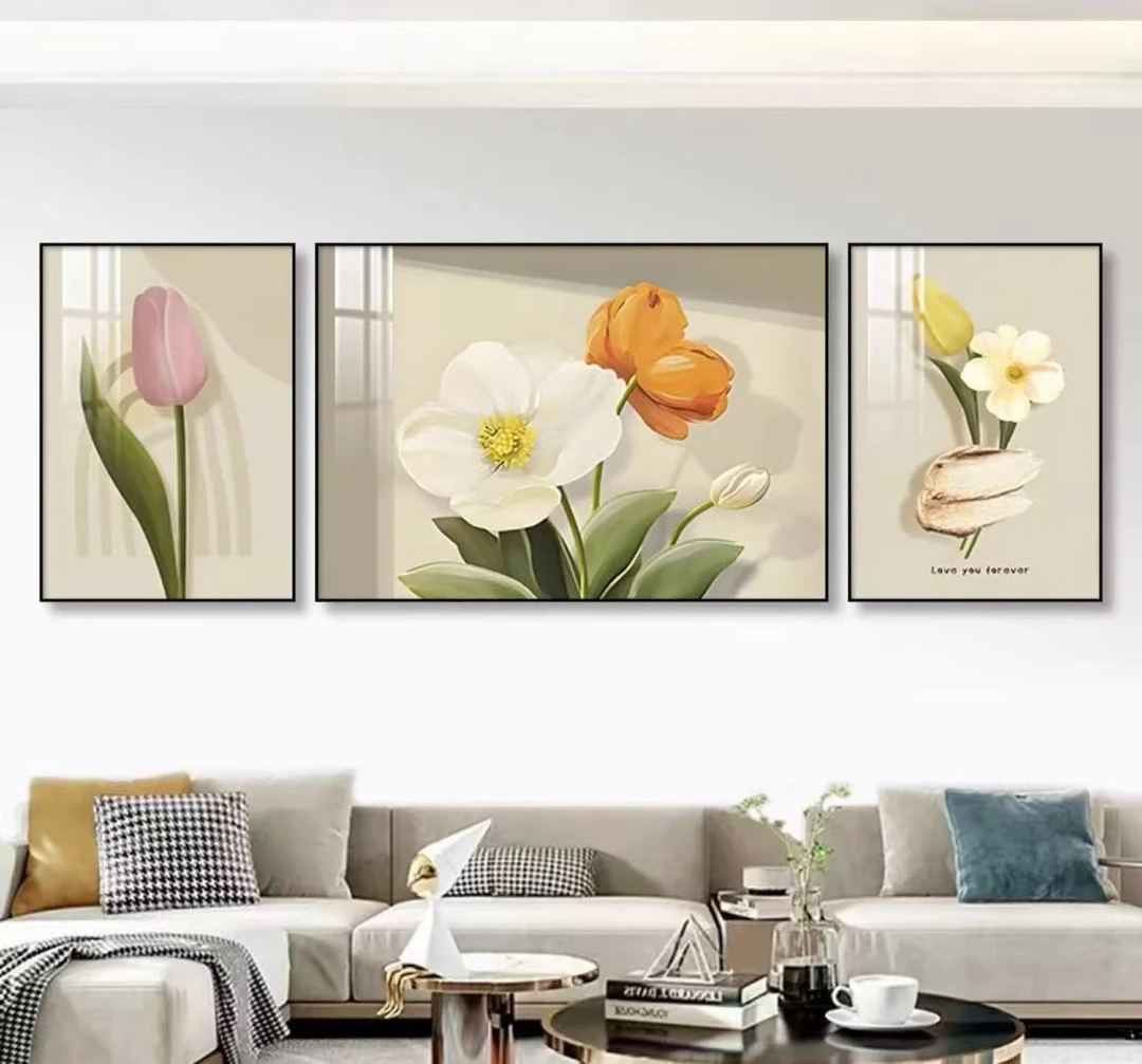 升级版-客厅三联画-【花海】晶瓷镶钻画客厅沙发背景墙装饰画