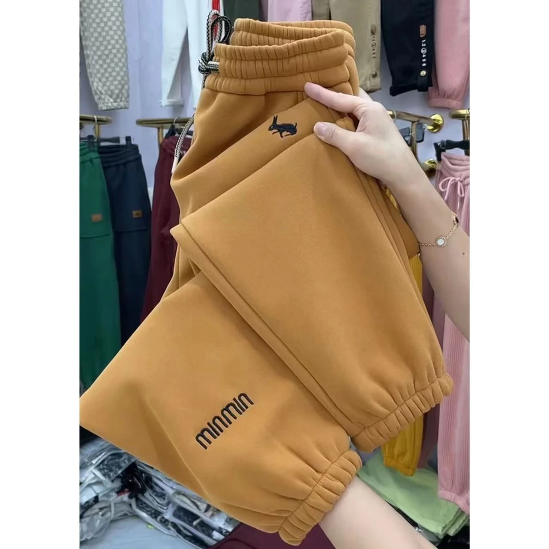 加绒加厚卫裤女冬季新款宽松刺绣束脚哈伦裤时尚显瘦休闲运动裤
