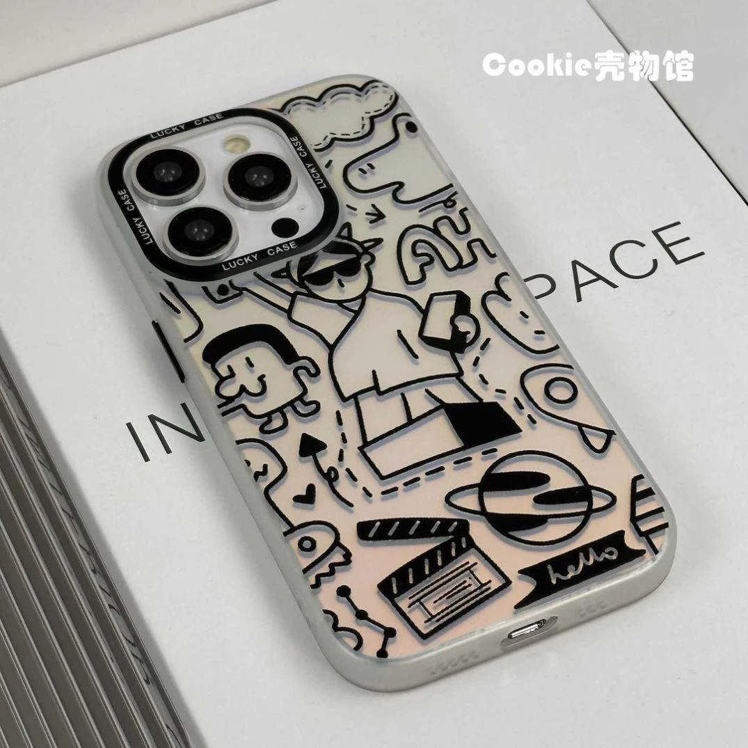适用于苹果iPhone15黑白涂鸦14IMD简约防摔高级感小众潮牌镭射