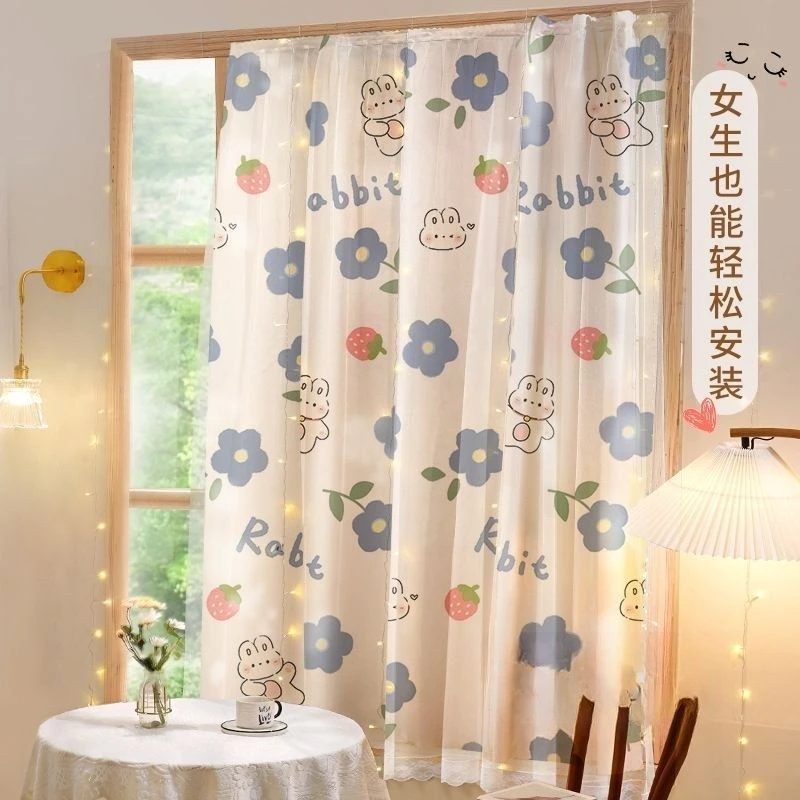 免打孔魔术贴遮光窗帘（宽1米*高2米）粘贴宿舍飘窗透光不透人租房纱帘布成品一份