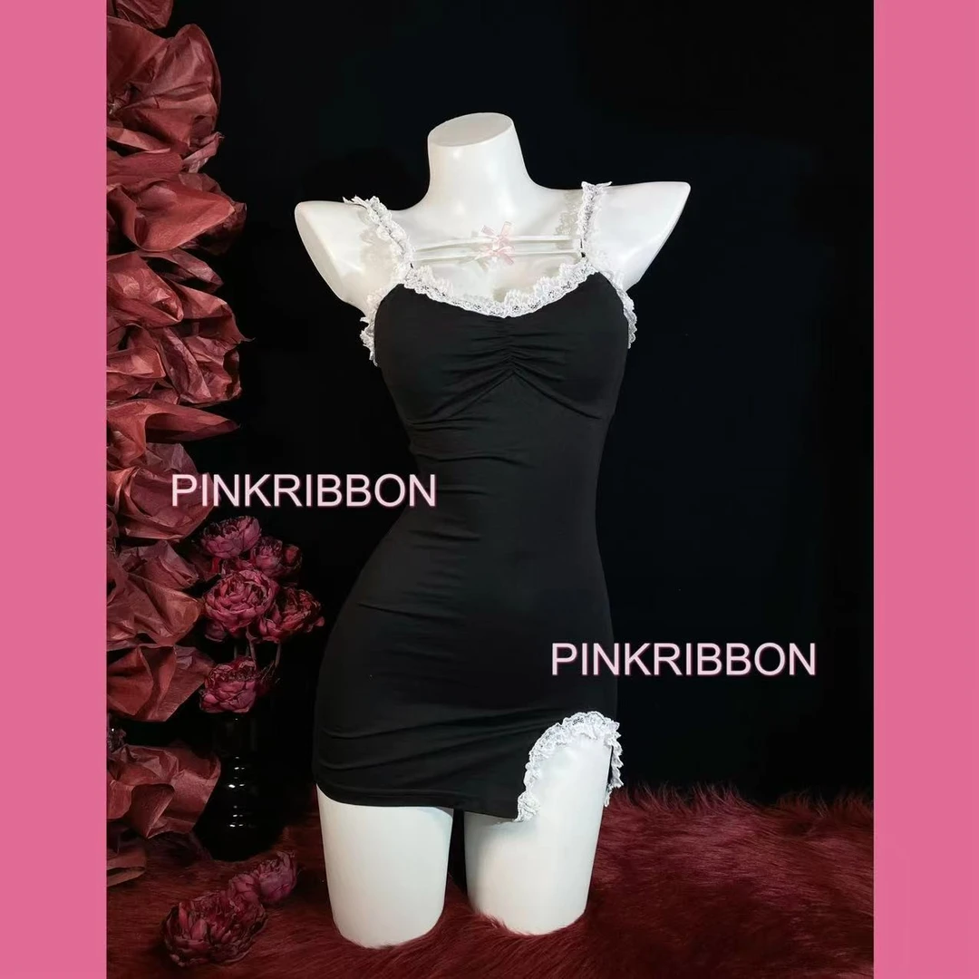 【PINKRIBBON】新款包臀绑带蕾丝胸垫睡衣吊带睡裙家居服套装纯欲