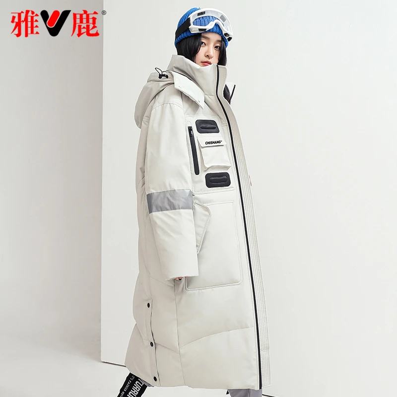雅鹿情侣同款羽绒服女加厚长款工装派克服冬季连帽防寒保暖外套LG
