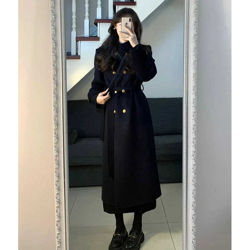 韩系高级感黑色2024女士秋冬外套呢子大衣秋冬毛呢外套小个子