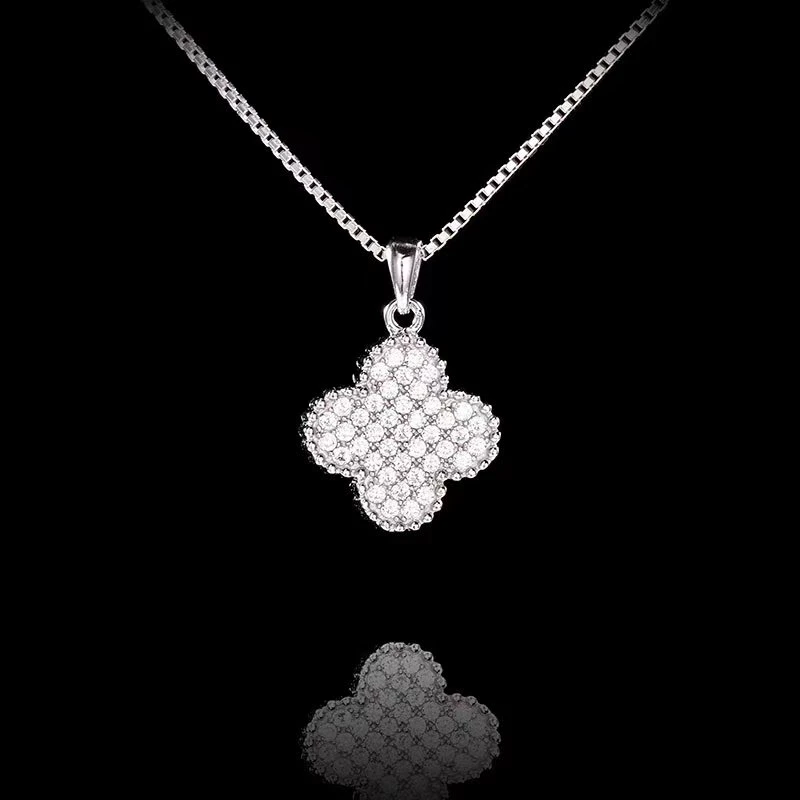 坠链均925银合成锆石 四叶草银项链白锆满钻黑贝双面ADL ZXX006