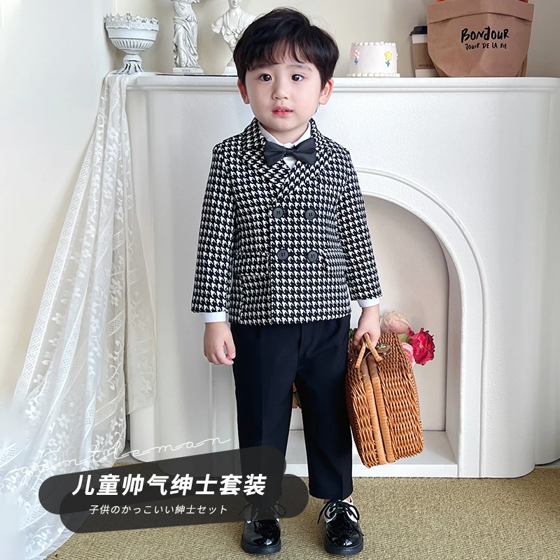 男童小西装套装男孩英伦绅士西服宝宝春秋外套生日花童礼服加绒