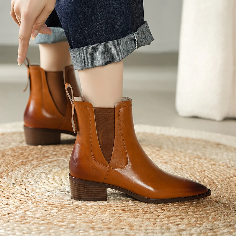 牛皮4厘米2023年秋冬尖头复古气质时尚粗跟英伦风真皮短靴s195