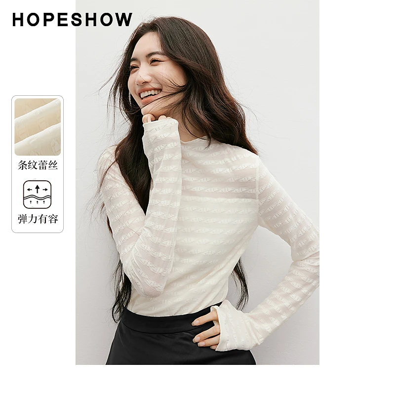 【HOPESHOW反季清仓】红袖条纹肌理感蕾丝套头上衣90124450201