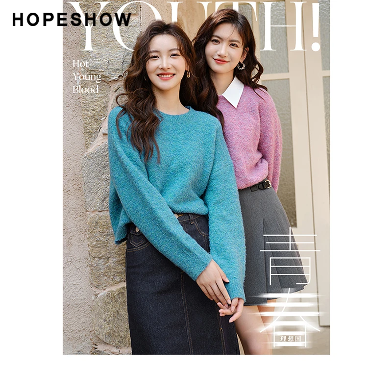 红袖冬季新款女装 落肩袖圆领套头针织衫90122410108纯色宽松