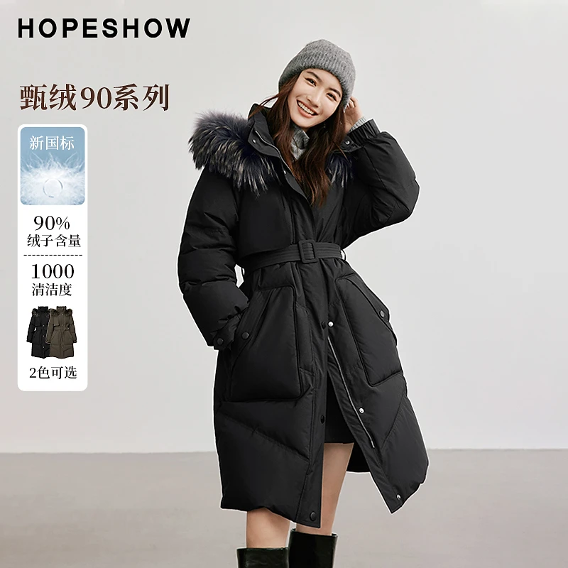 红袖冬季2025新款女装 插肩H型双拉链貉子毛领羽绒服90124310905