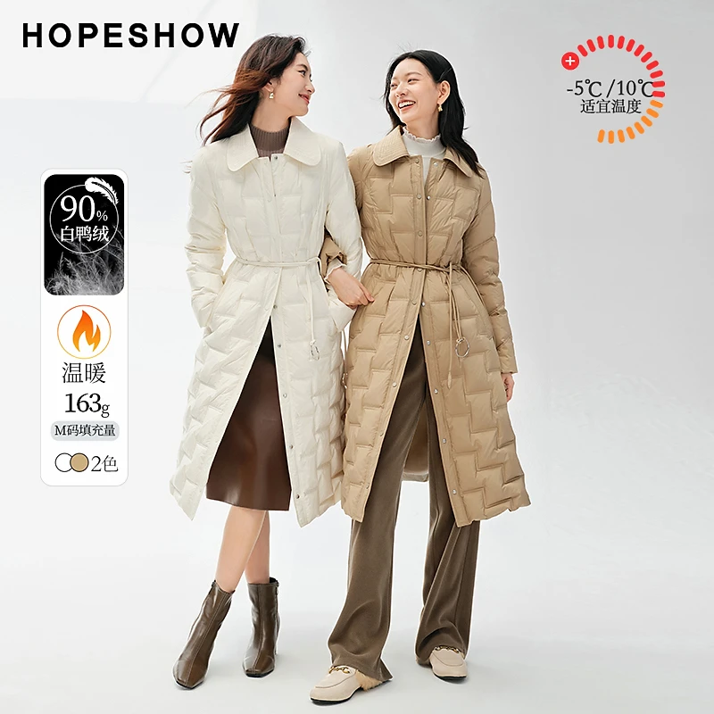 【HOPESHOW反季清仓】红袖格纹单排扣娃娃领长款羽绒服90123350903