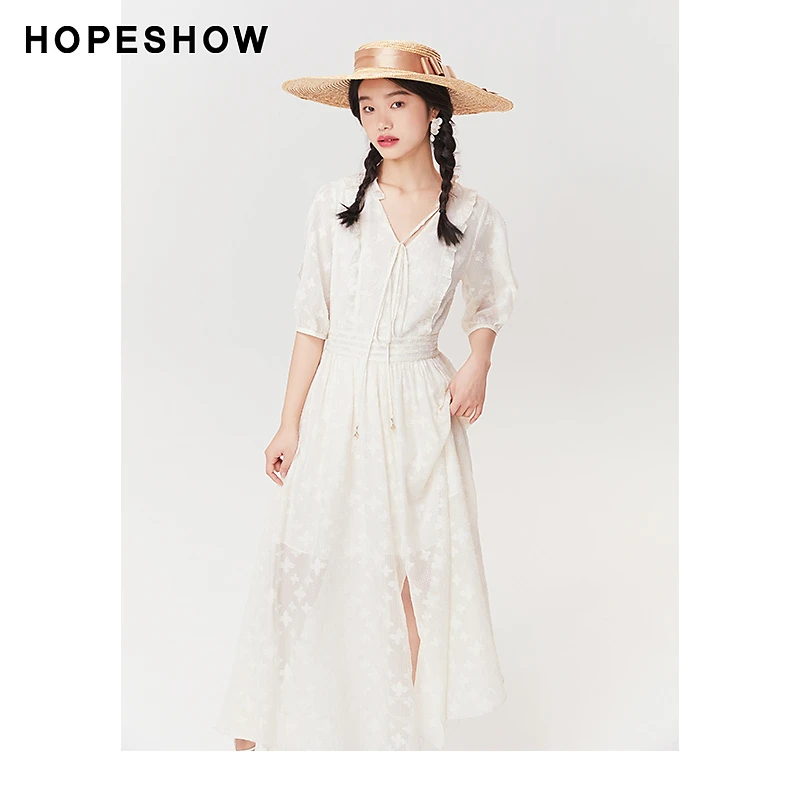 红袖夏季2022新款女装 亮丝剪花木耳边V领套头连衣裙89122211625