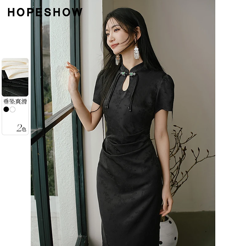 【HOPESHOW反季清仓】红袖国风提花镂空立领套头连衣裙90124111615