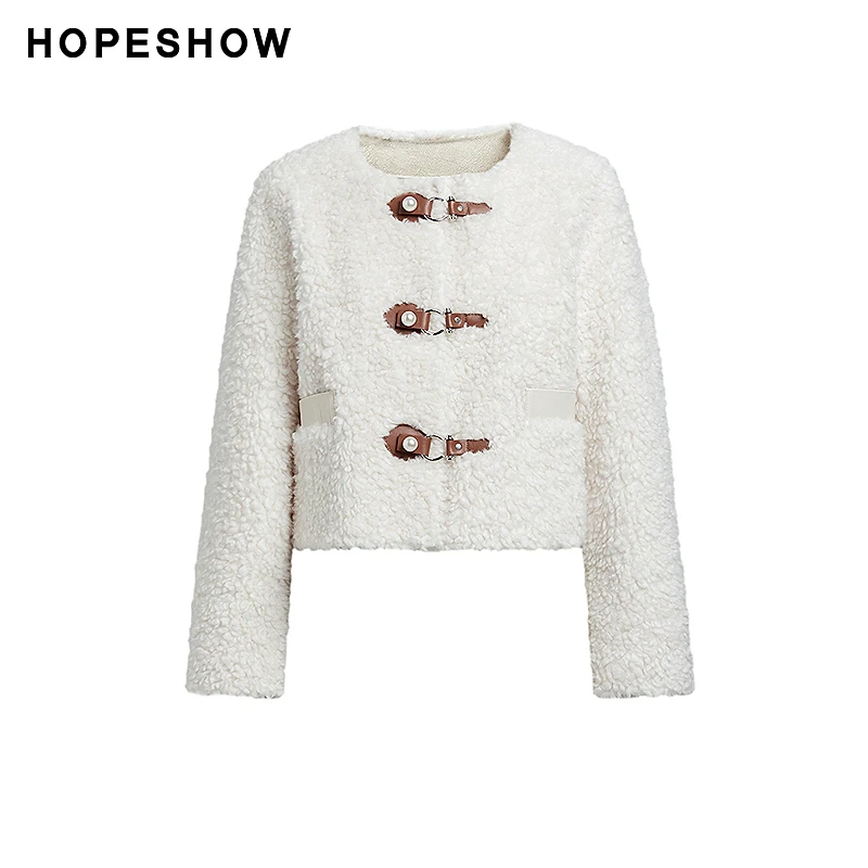 【HOPESHOW反季清仓】红袖皮袢正肩圆领颗粒绒短外套89423370410