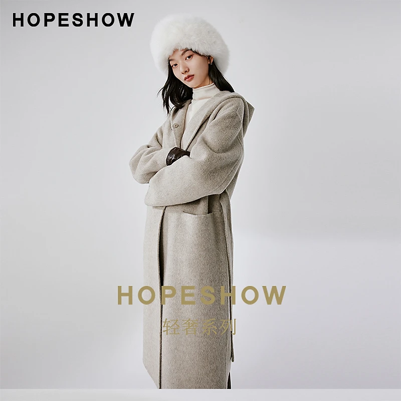 红袖冬季2023新款女装 单排牛角扣连帽双面呢长大衣90123370801