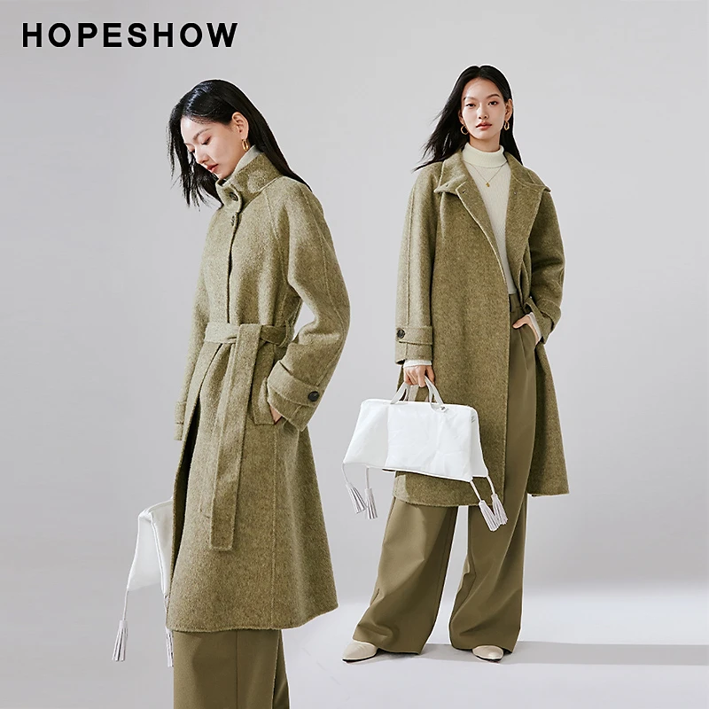 红袖冬季2023新款女装 插肩袖系带翻领双面呢长大衣90123380808