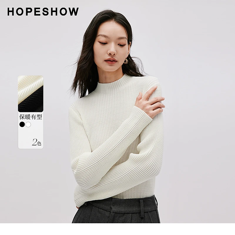 红袖冬季2023新款女装 肌理感纯色半高领套头针织衫90123370102