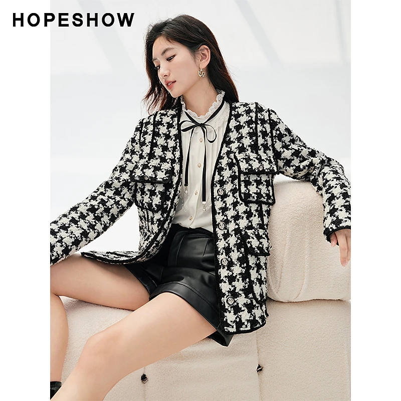 红袖新款女装 千鸟格织带边单排扣V领粗花呢90123370409