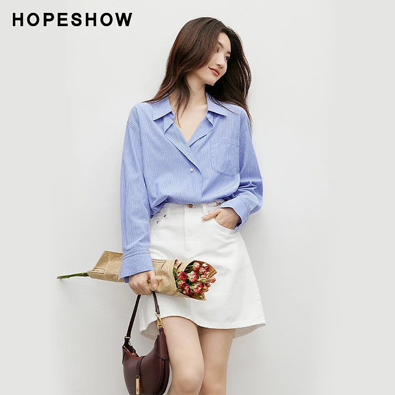 红袖秋季2024新款女装 条纹单排扣翻领一手长衬衫90124240301