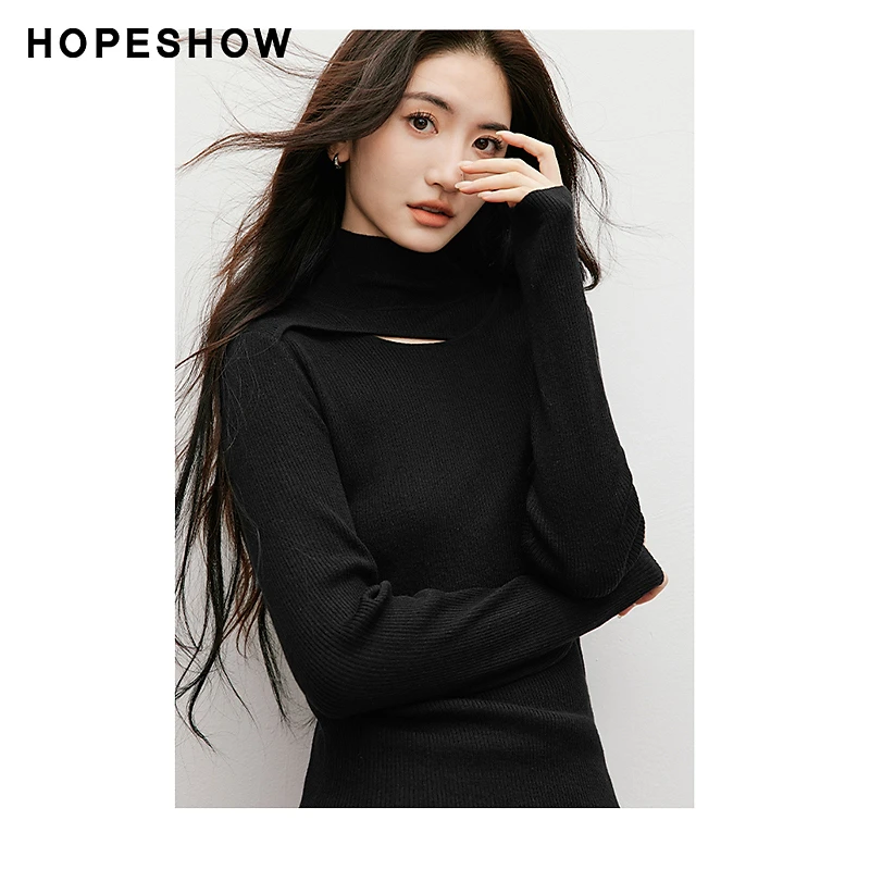 红袖冬季2024新款女装 纯色肌理感镂空高领套头针织衫90124450101