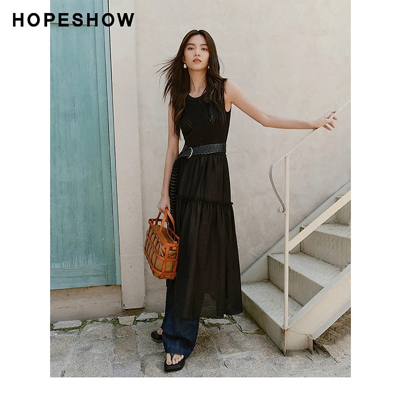 红袖夏季2025新款女装 异材质拼接收腰圆领连衣裙90124181602