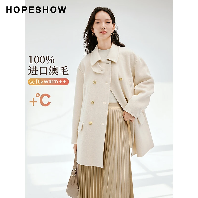 红袖冬季新款女装 落肩双排扣翻领双面呢大衣90123340811