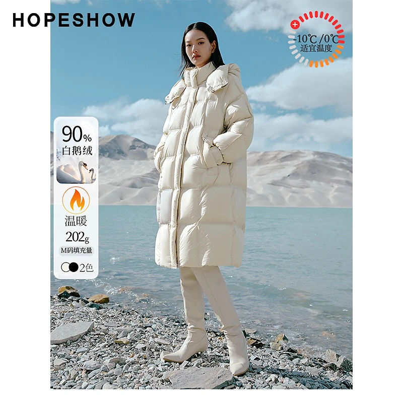 红袖冬季2023新款女装 切格直身双拉链立领连帽羽绒服90123350909