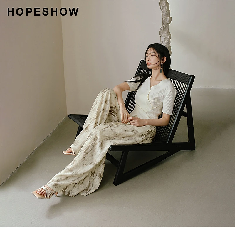 红袖夏季2024新款女装 国风印花松紧腰阔腿长裤90124141204