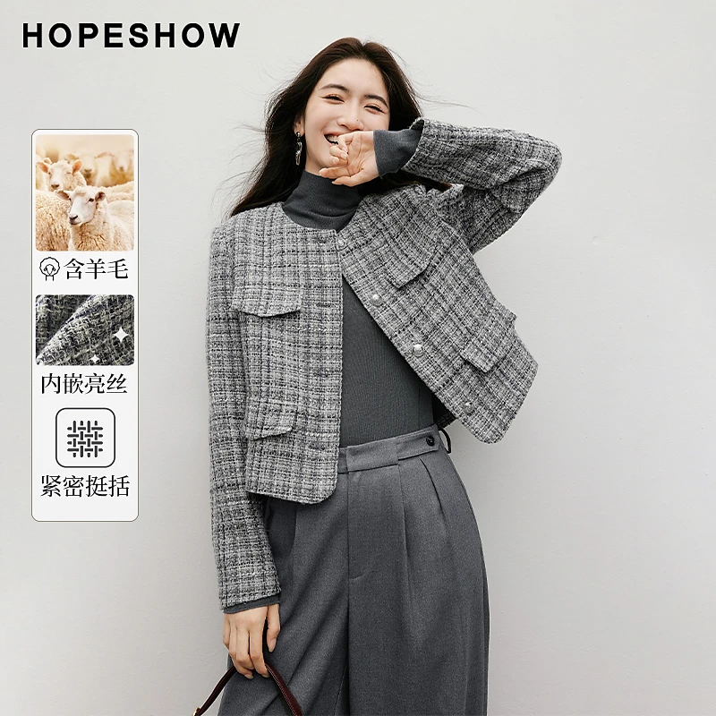 红袖春季2025新款女装 香风亮丝格纹单排扣圆领短外套90125520408