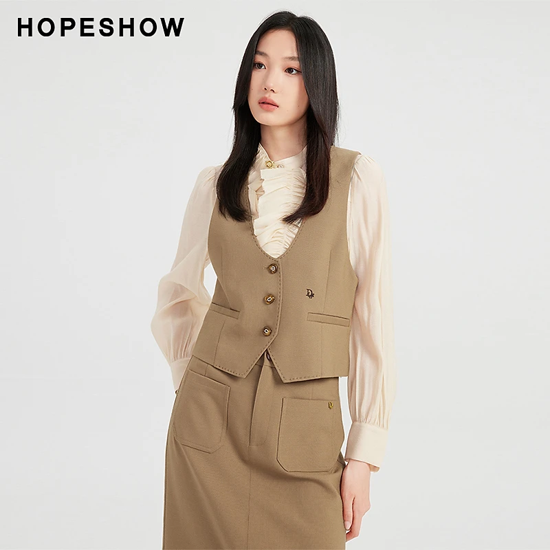 红袖新款女装 字母绣单排扣V领西装马甲89323371901