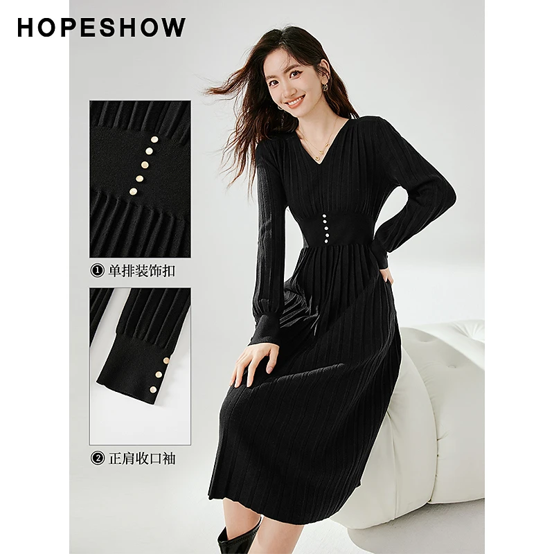 【HOPESHOW反季清仓】红袖叠褶收腰正肩V领套头连衣裙90123381604