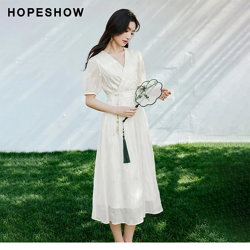 红袖夏季2024新款女装 国风收腰V领套头茶歇连衣裙90124141607