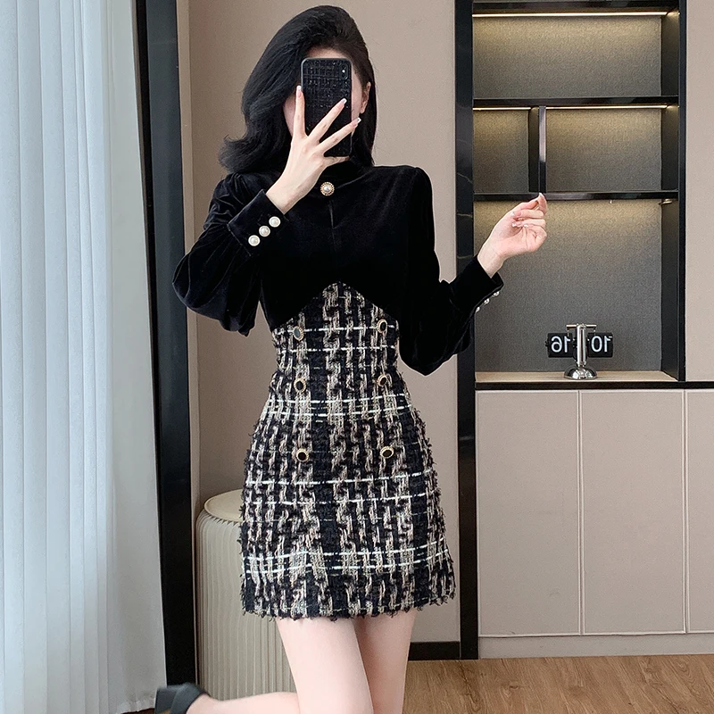 小香风高端精致拼接丝绒连衣裙女秋冬内搭小黑裙长袖裙子