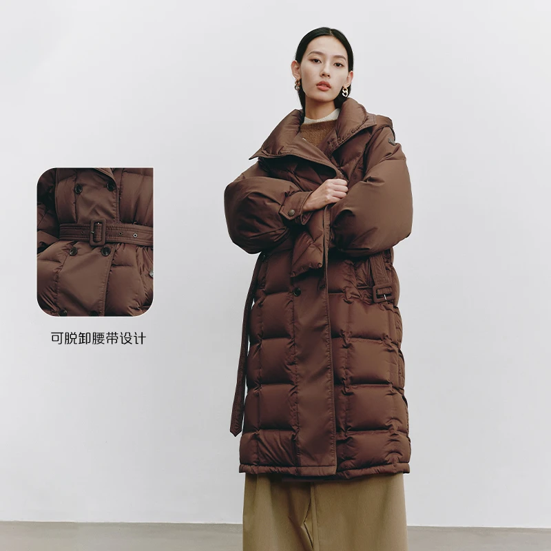 艾莱依时装羽绒服可脱卸式围巾帽长款女冬季锁温加厚保暖外套1284
