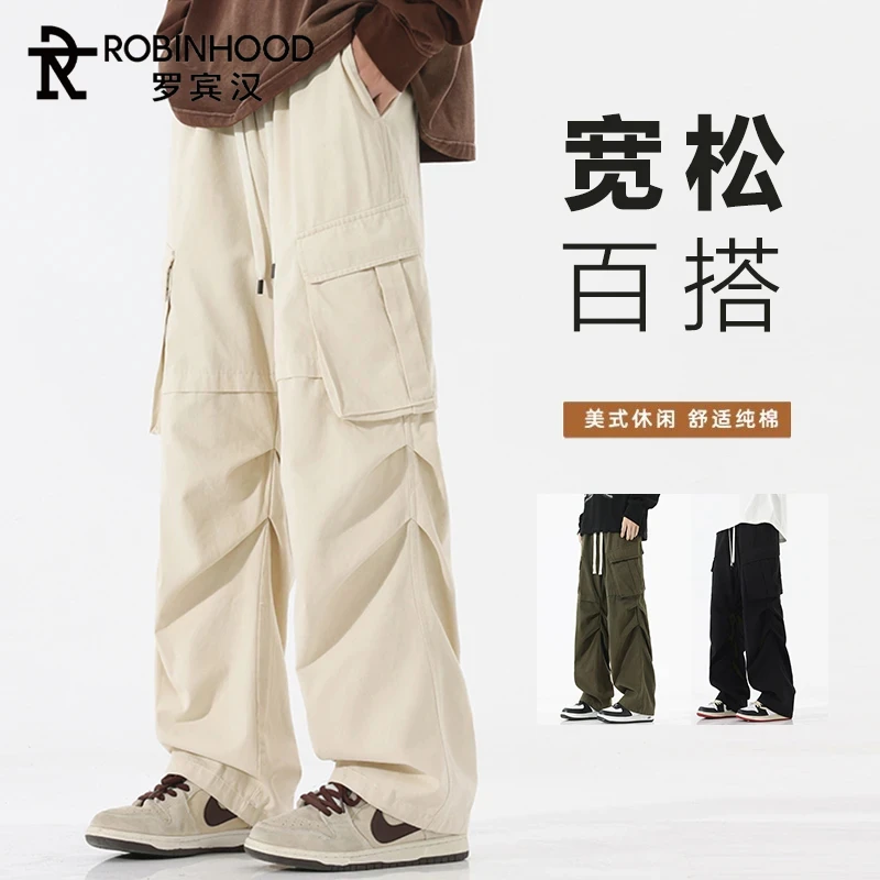 罗宾汉2025新款多口袋阔腿工装裤夏季薄款宽松直筒潮流男士休闲裤