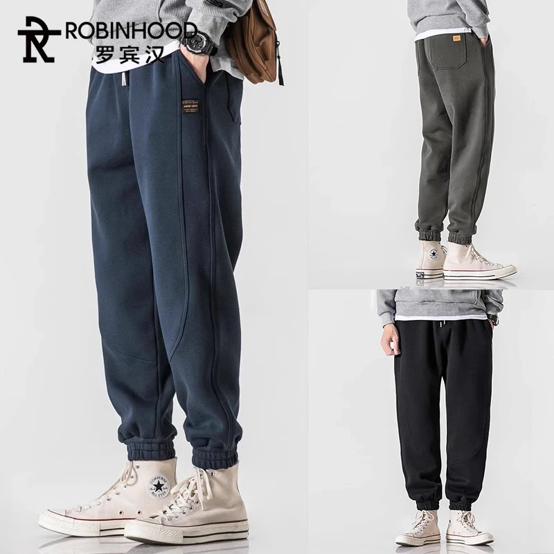 罗宾汉2025新款加绒保暖运动卫裤秋冬季灯芯绒宽松束脚男士休闲裤