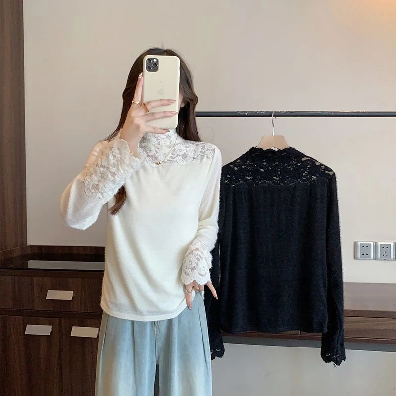 时尚蕾丝钩花打底衫秋冬长袖内搭宽松显瘦女装