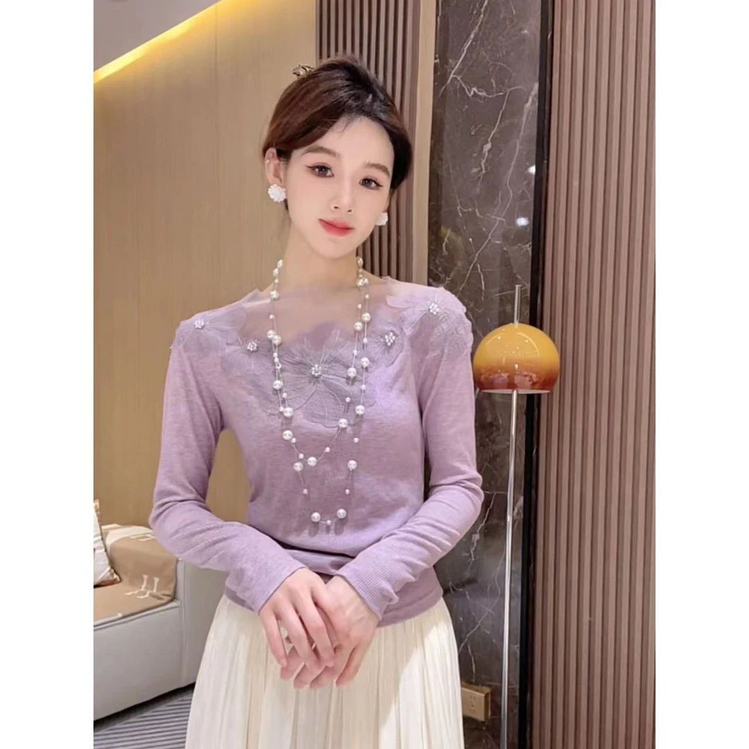 【云朵甜心】法式立体花朵一字肩针织衫女秋季新款修身显瘦露肩上衣