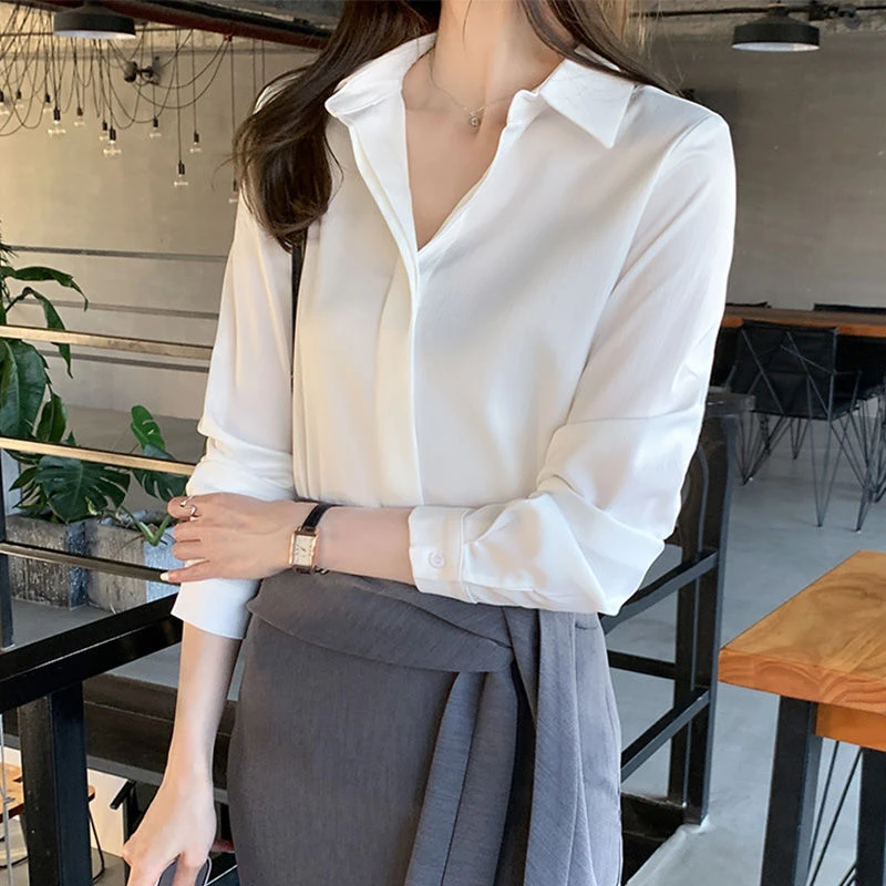 白色衬衫女春秋季新款韩系穿搭职业正装上衣长袖POLO领气质衬衣