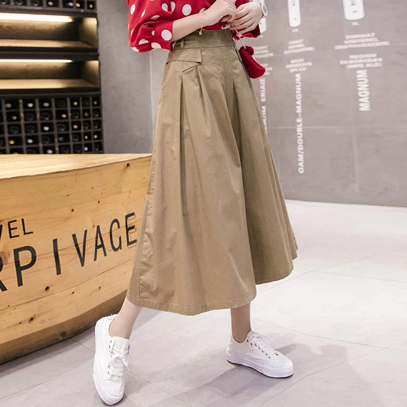 高腰阔腿裤女春秋新款森系百搭纯色休闲裤中长款收腰显瘦半身裙裤