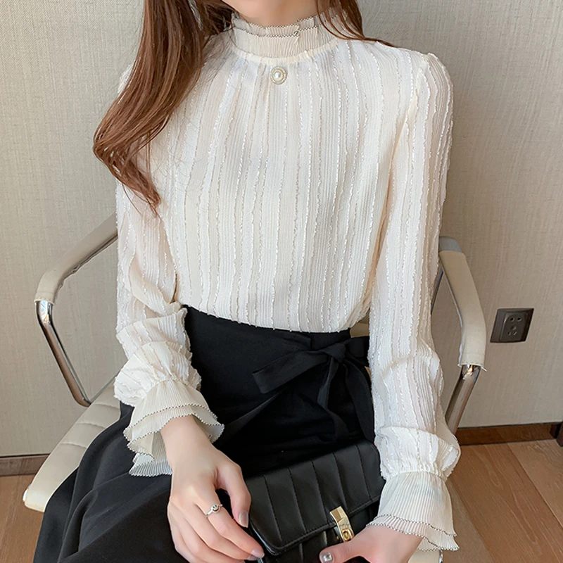 蕾丝雪纺衫女新款洋气长袖打底衫内搭设计感法式半高领上衣T恤衫