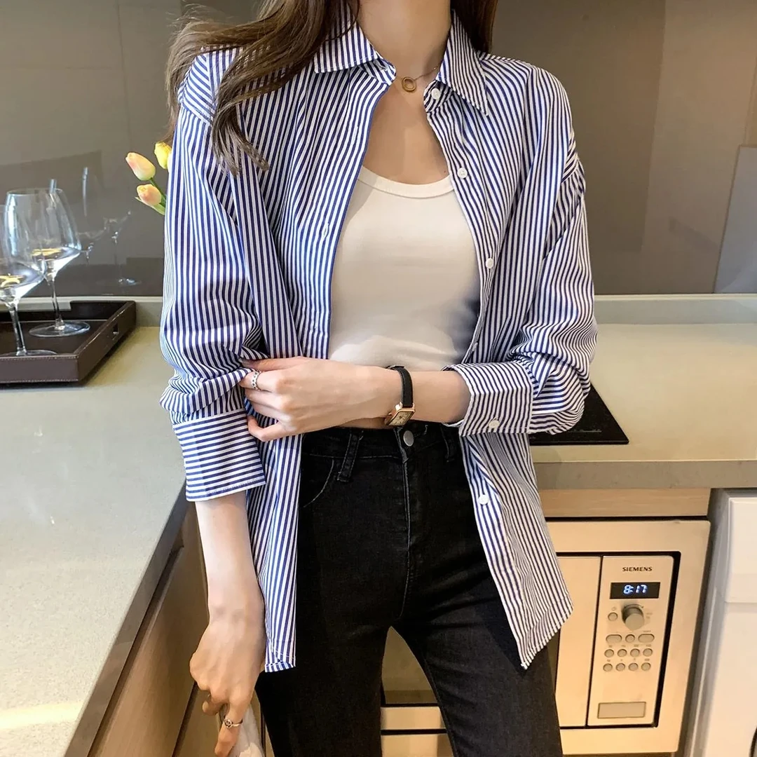 春季新款POLO领竖条纹长袖衬衫打底衫女小个子时尚百搭韩版衬衣潮