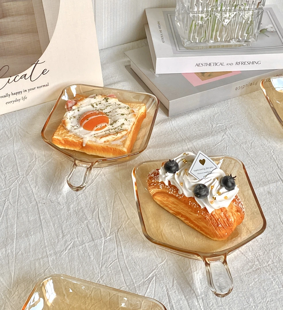 家用早餐盘琥珀色玻璃盘带把手盘子西餐盘果盘沙拉盘