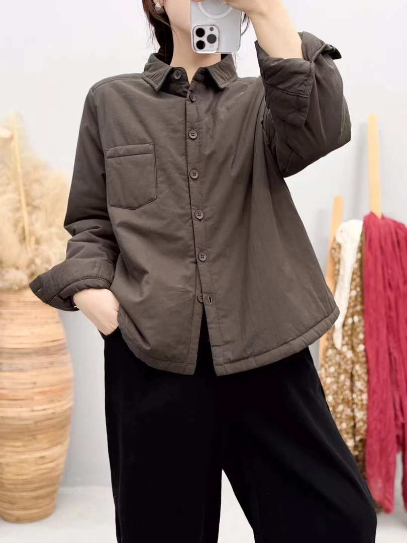 【纯色加棉衬衫】新款百搭文艺翻领衬衫保暖小棉衣M129