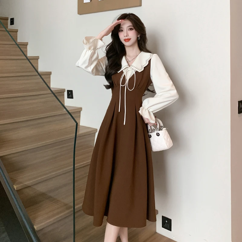 2025春季新款大码女装胖mm法式赫本风气质撞色假两件显瘦连衣裙