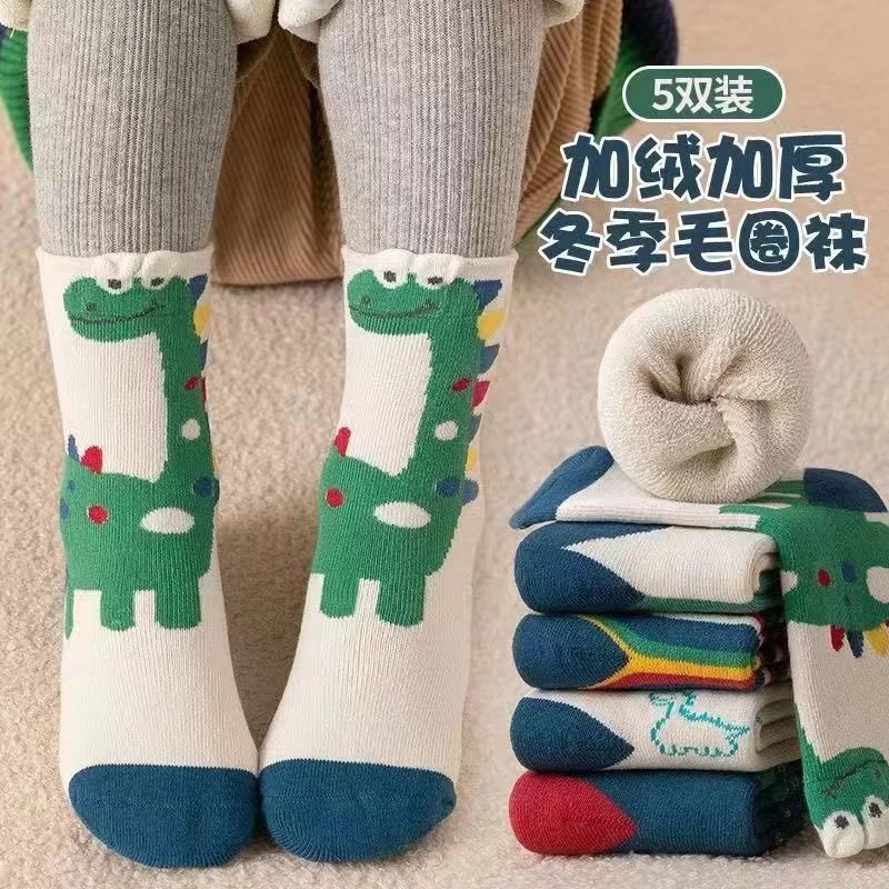儿童袜子冬季暖毛圈袜男童卡通恐龙加绒加厚毛巾袜保暖宝宝袜批发