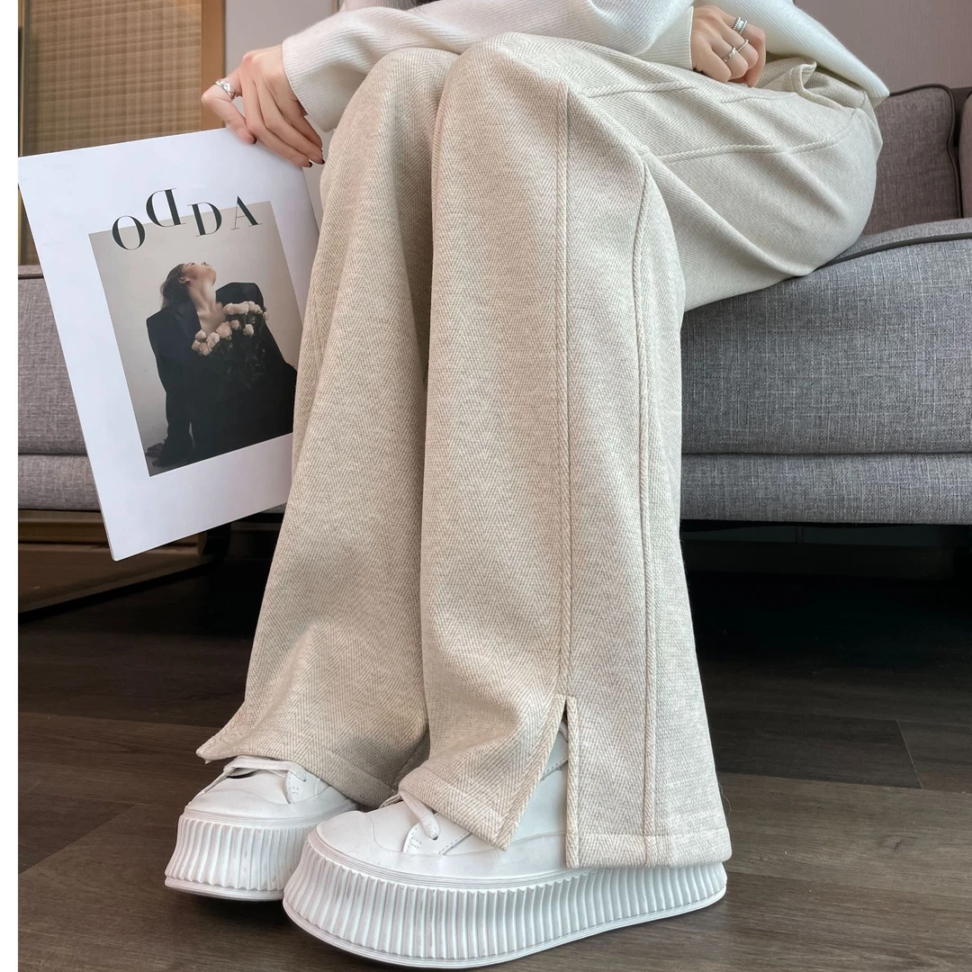 窄版开叉人字纹阔腿裤加绒加厚小个子女秋冬新高腰遮肉显瘦休闲裤